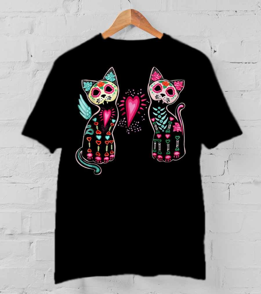 Day Of Dead Sugar Cats Skeleton Skull Winged Heart T-Shirt