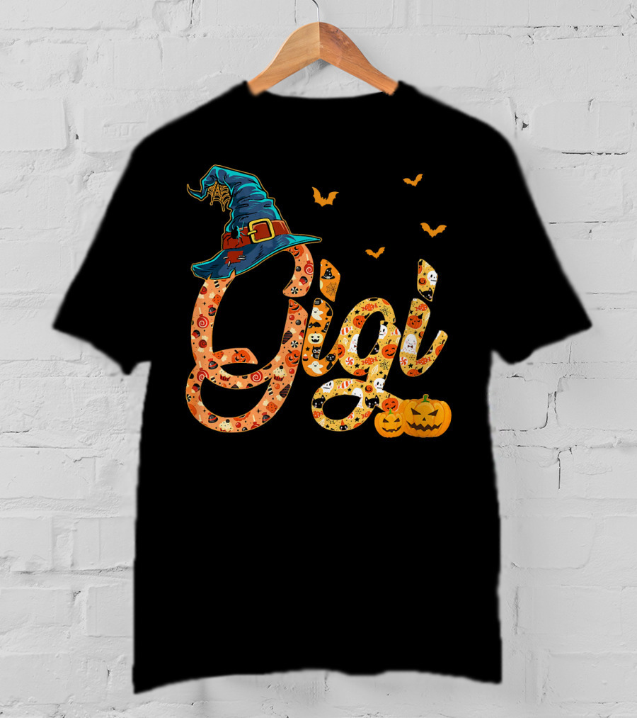 Gigi Funny Halloween Witch Hat Pumpkins Bats T-Shirt