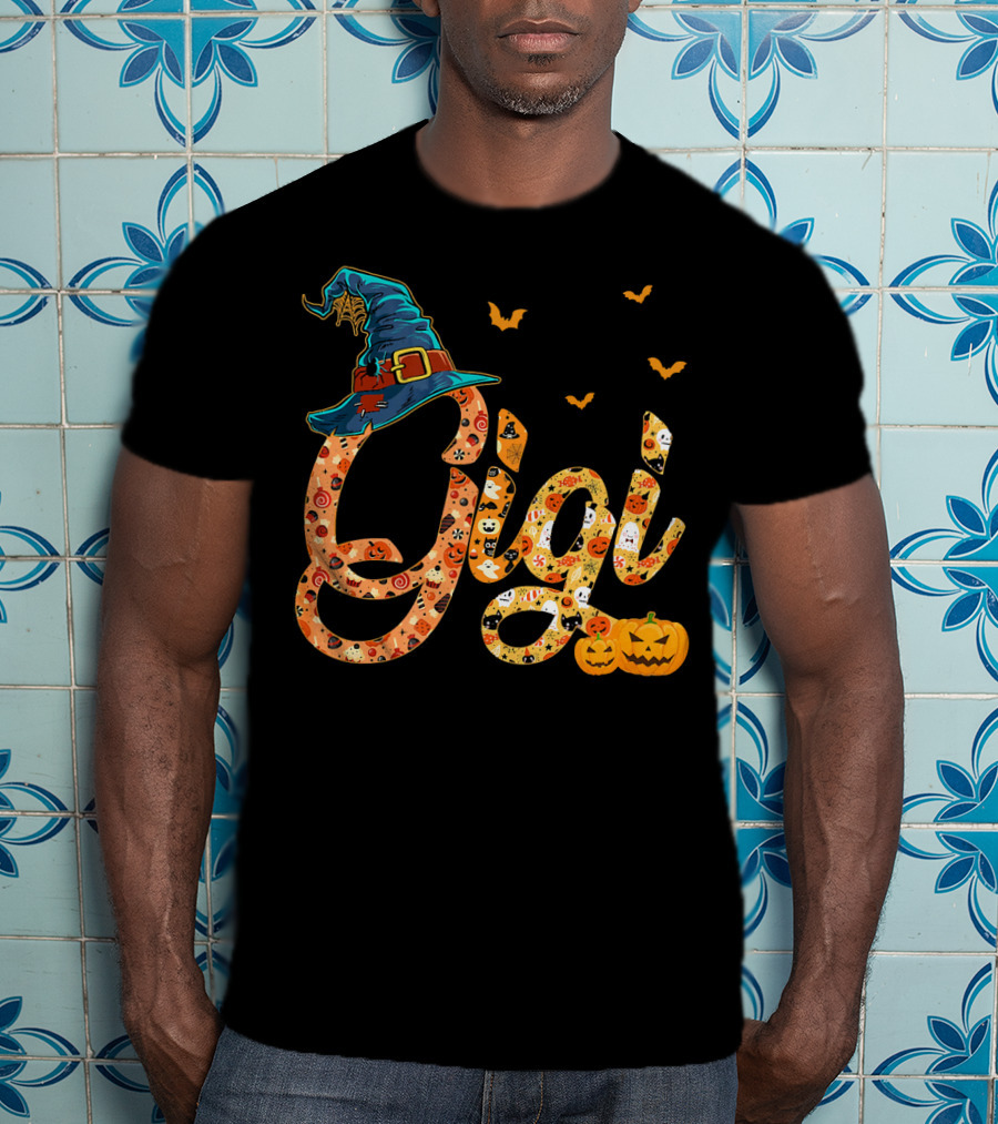 Gigi Funny Halloween Witch Hat Pumpkins Bats T-Shirt