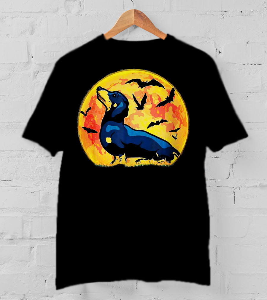 Dachshund Halloween Moon With Flying Bats T-Shirt