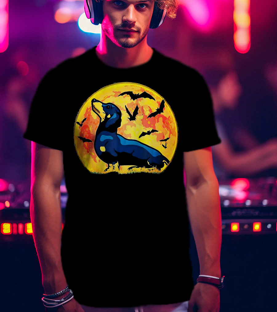 Dachshund Halloween Moon With Flying Bats T-Shirt