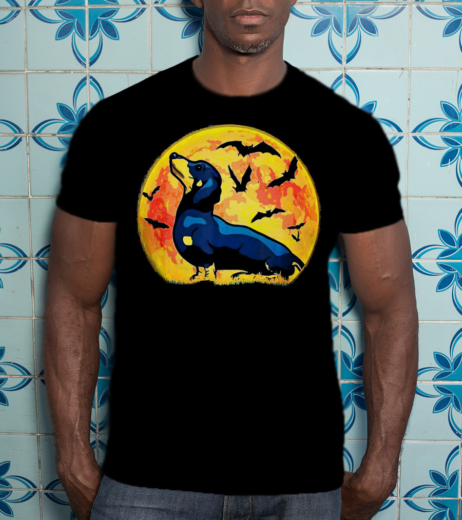 Dachshund Halloween Moon With Flying Bats T-Shirt