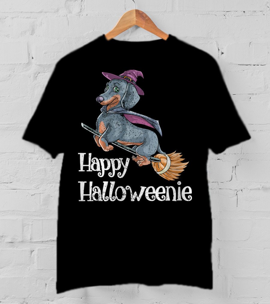 Happy Halloweenie Dachshund Witch Riding Broomstick T-Shirt