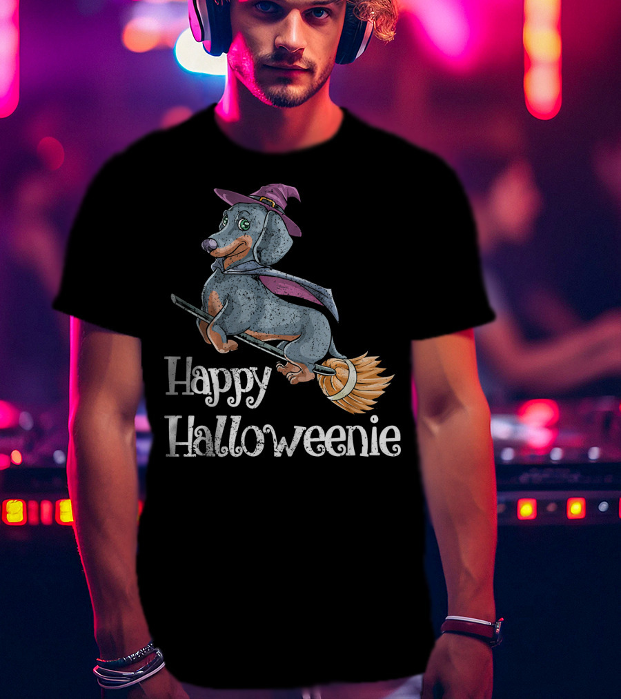 Happy Halloweenie Dachshund Witch Riding Broomstick T-Shirt