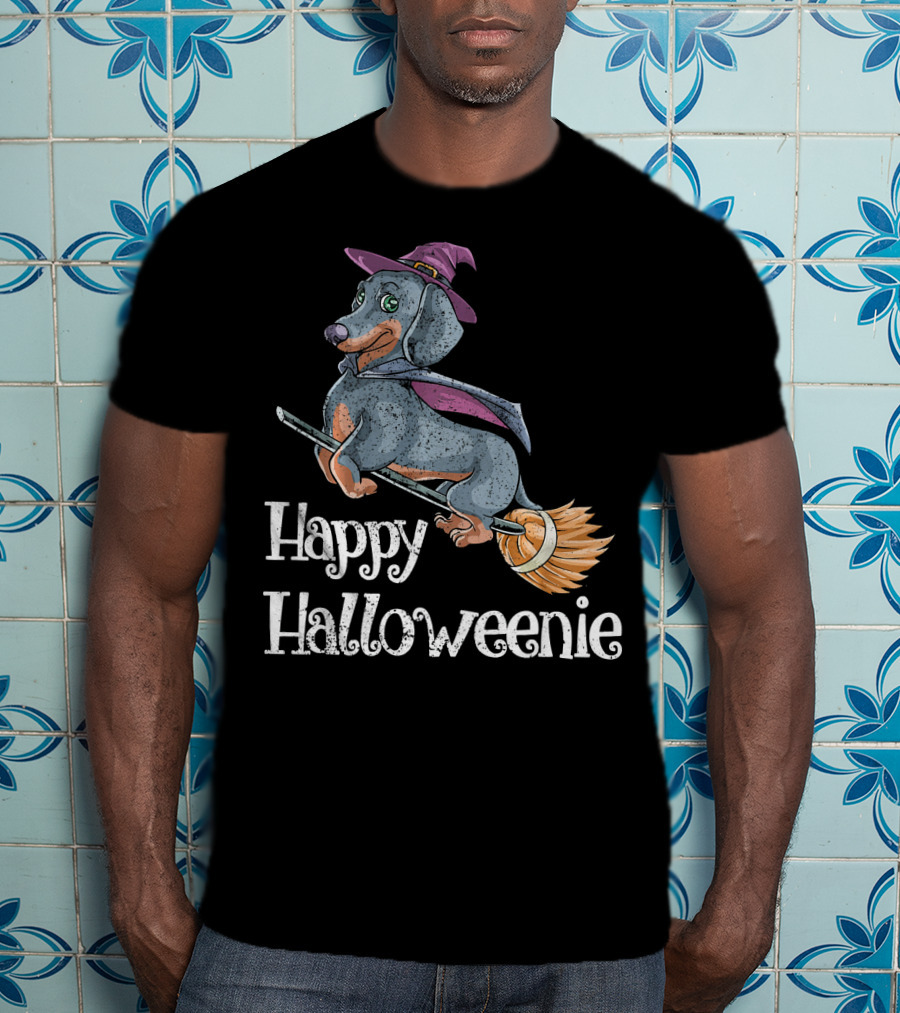 Happy Halloweenie Dachshund Witch Riding Broomstick T-Shirt
