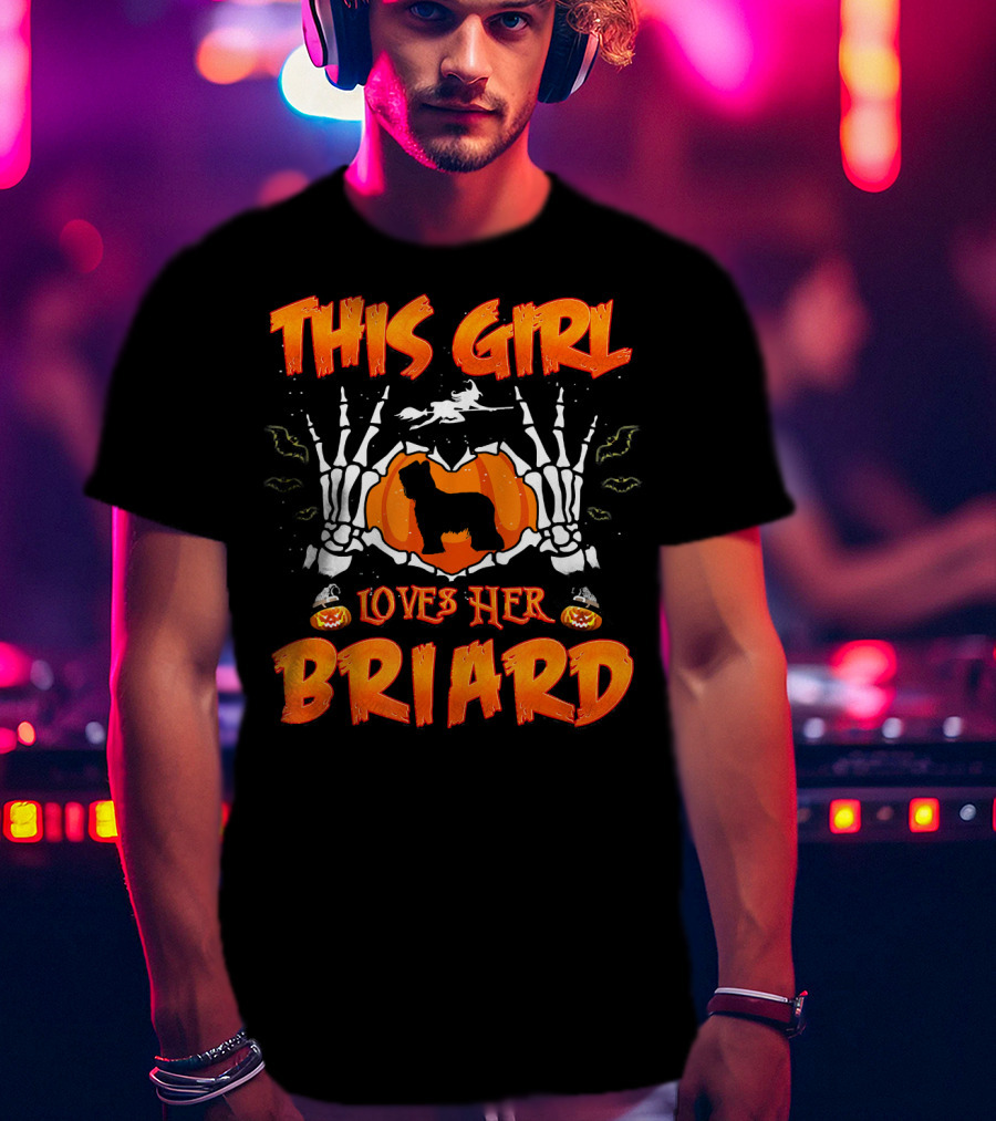 This Girl Loves Her Briard Dog Halloween Skeleton Pumpkin T-Shirt