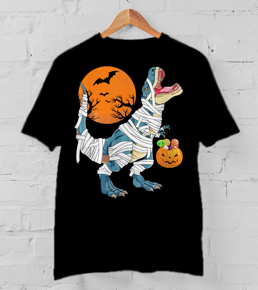 Halloween Dino Girls Kids Mummy Dinosaur Bats Pumpkin Moon T-Shirt
