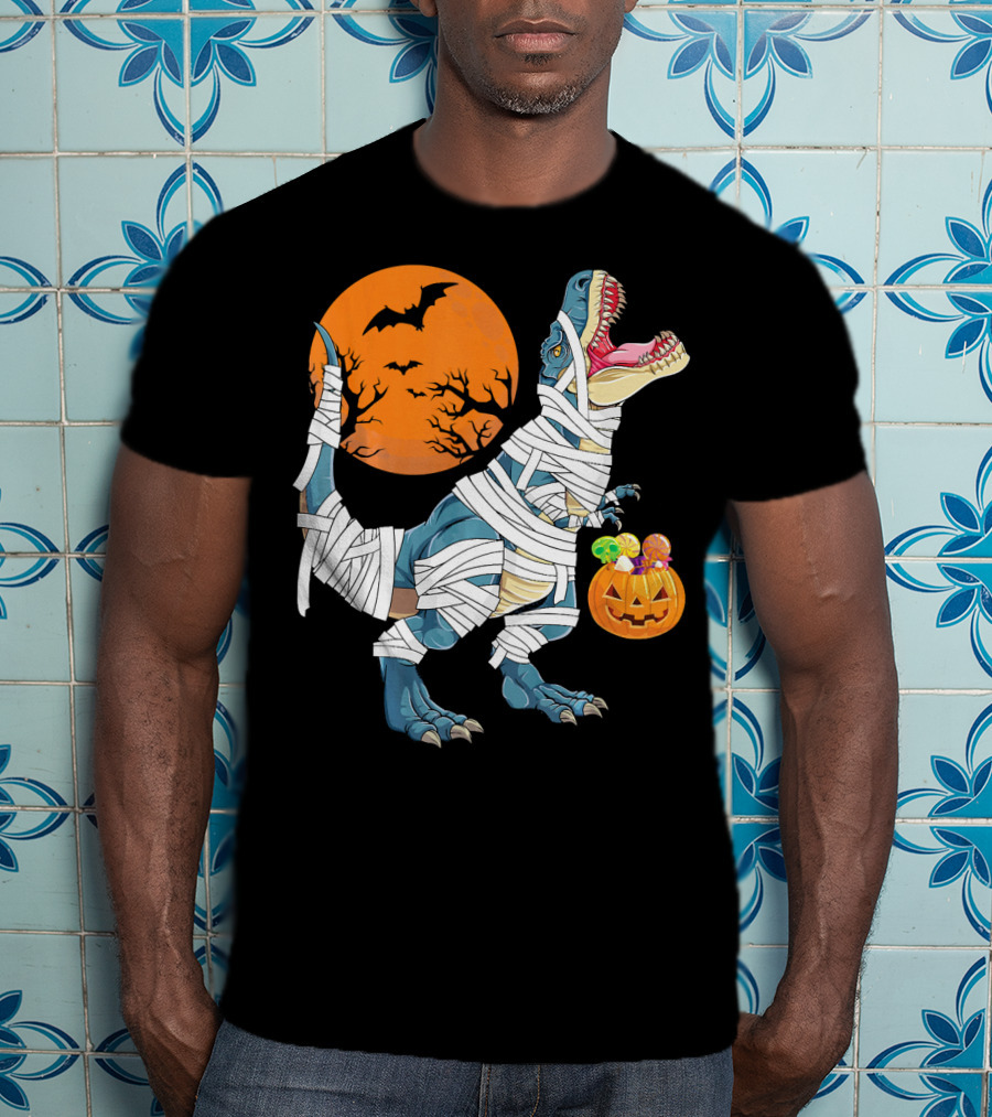 Halloween Dino Girls Kids Mummy Dinosaur Bats Pumpkin Moon T-Shirt