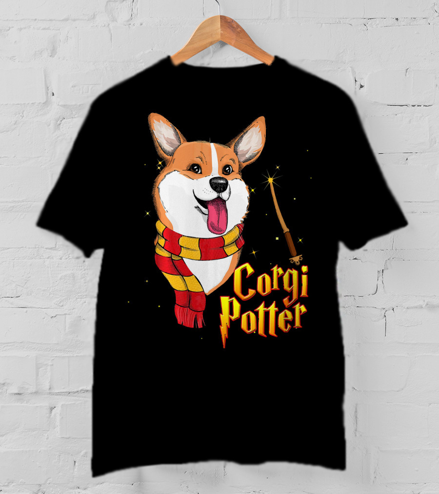Corgi Potter Cute Harry Pawter Dog With Scarf And Wand T-Shirt