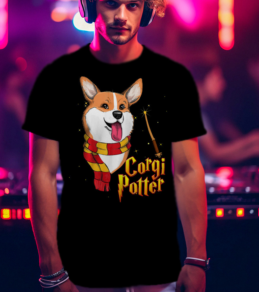 Corgi Potter Cute Harry Pawter Dog With Scarf And Wand T-Shirt