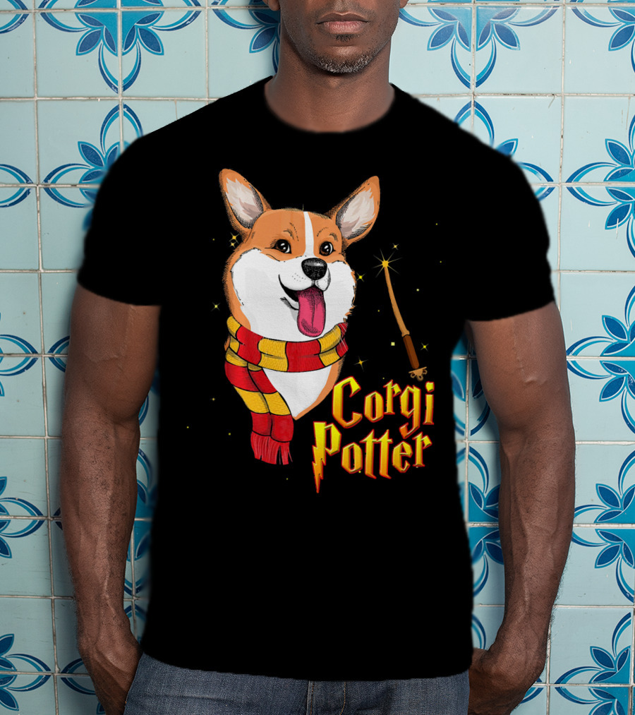 Corgi Potter Cute Harry Pawter Dog With Scarf And Wand T-Shirt