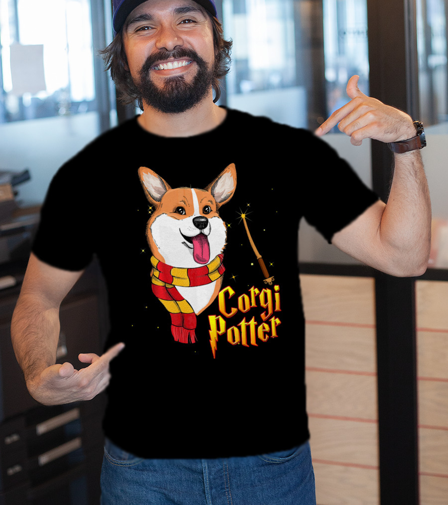 Corgi Potter Cute Harry Pawter Dog With Scarf And Wand T-Shirt