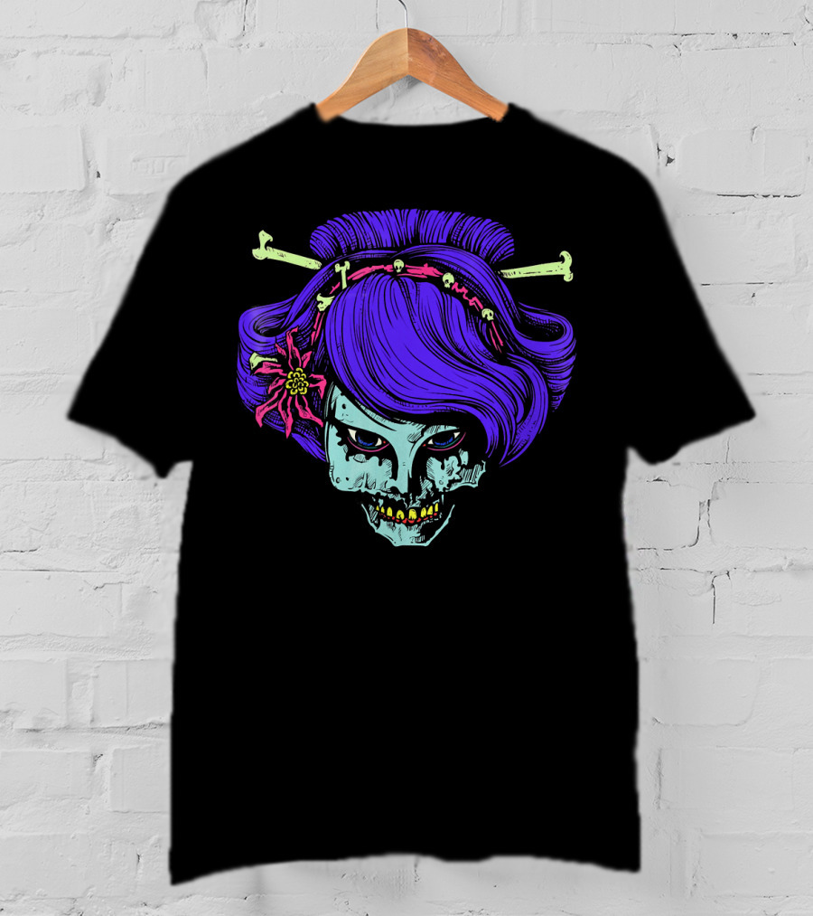 Zombie Geisha Skull With Purple Hair And Bone Hairpins T-Shirt