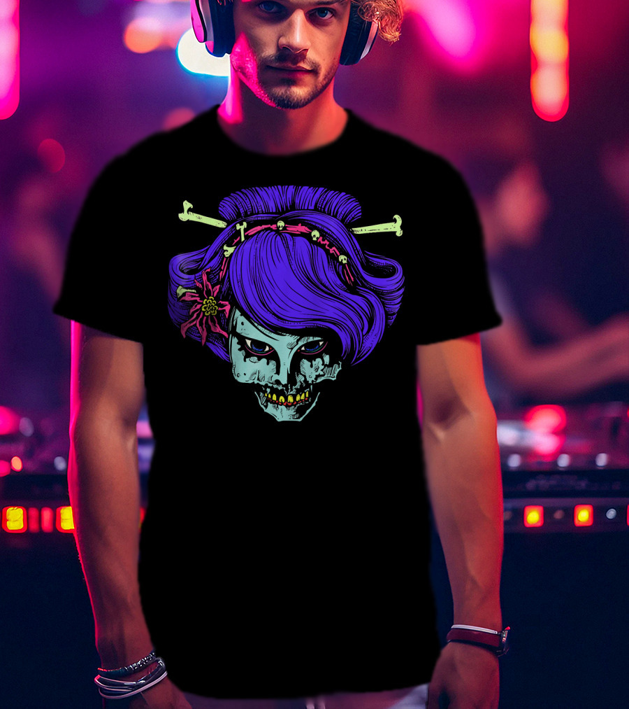 Zombie Geisha Skull With Purple Hair And Bone Hairpins T-Shirt