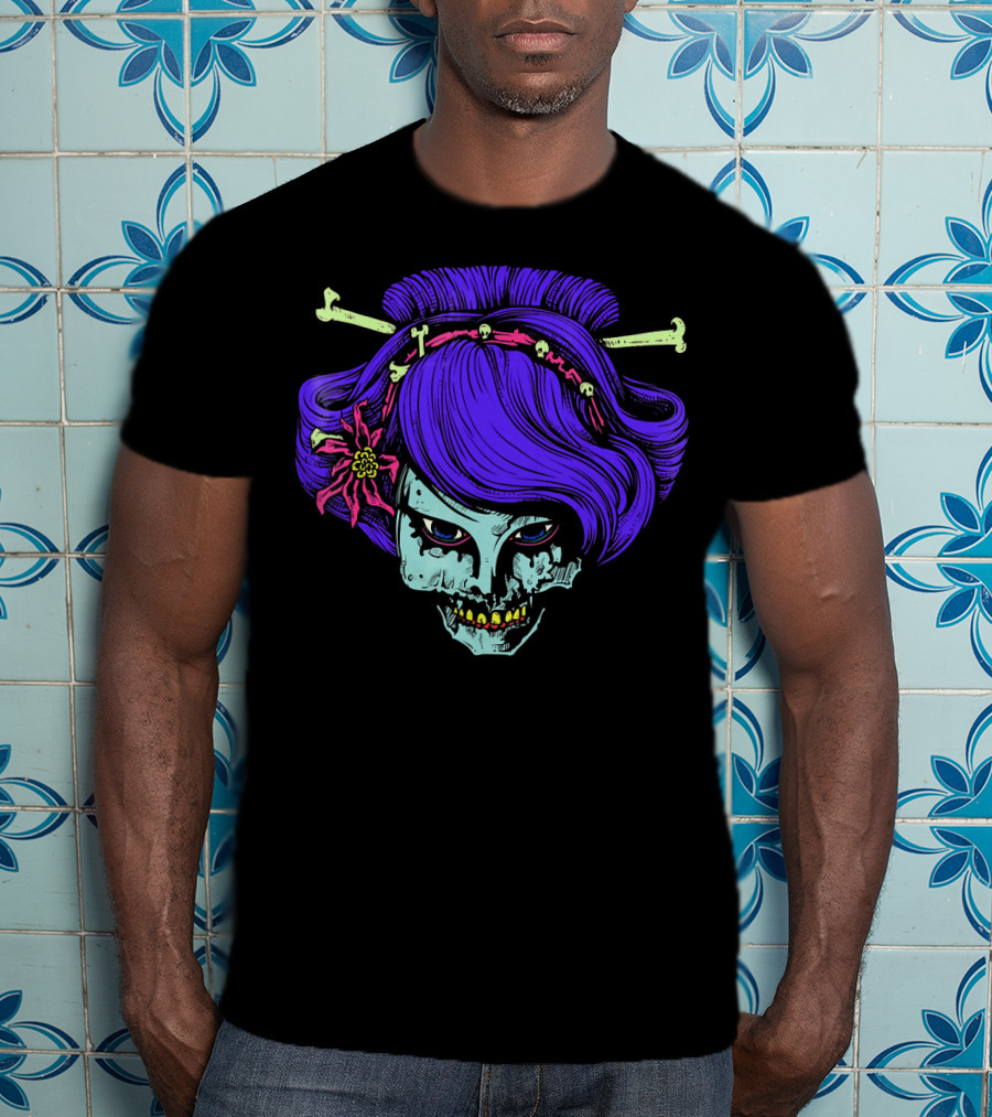 Zombie Geisha Skull With Purple Hair And Bone Hairpins T-Shirt