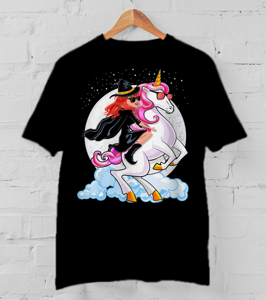 Halloween Witch Riding A Unicorn In Front Of Full Moon T-Shirt