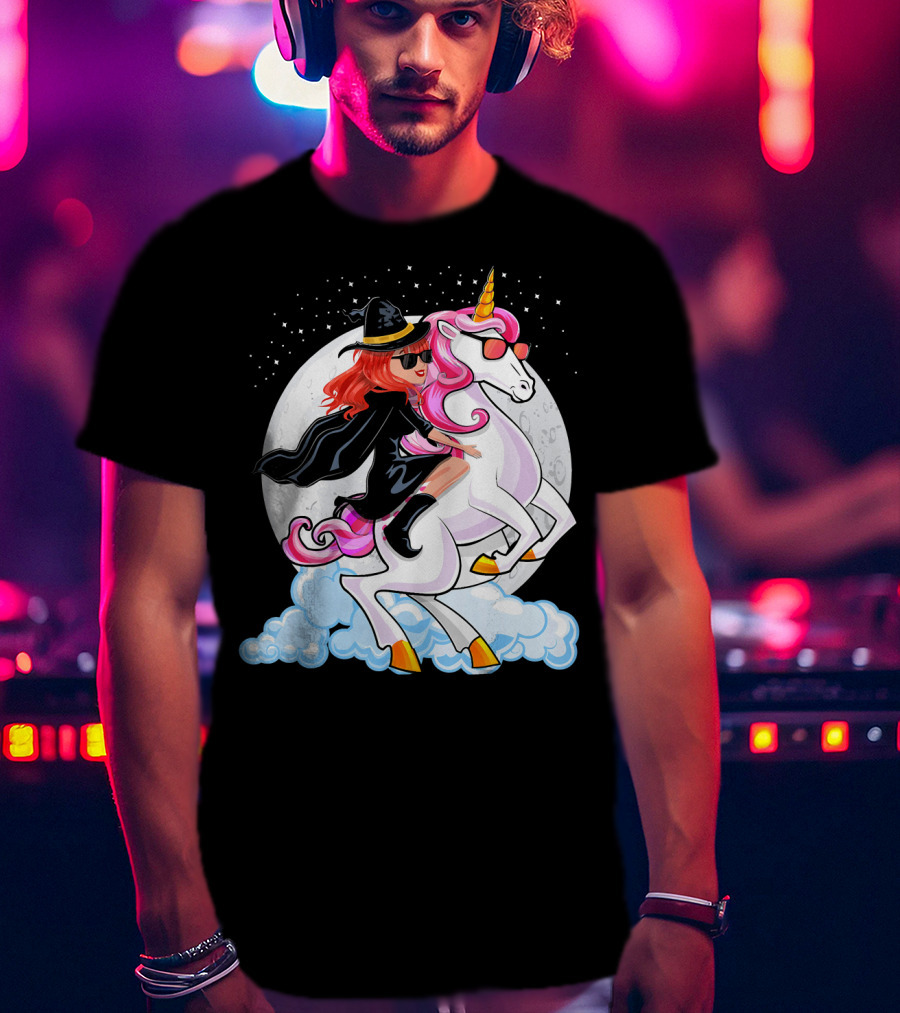Halloween Witch Riding A Unicorn In Front Of Full Moon T-Shirt