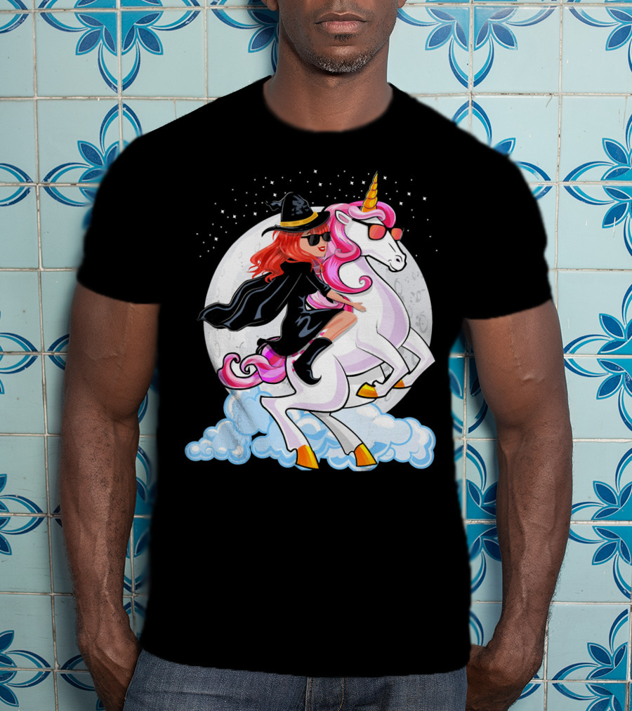 Halloween Witch Riding A Unicorn In Front Of Full Moon T-Shirt