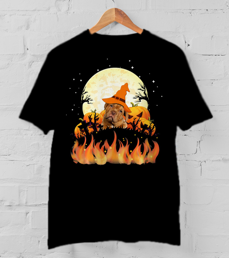 Dogue De Bordeaux Dog Lovers Halloween Full Moon Witch Hat Pumpkin Fire Scene T-Shirt