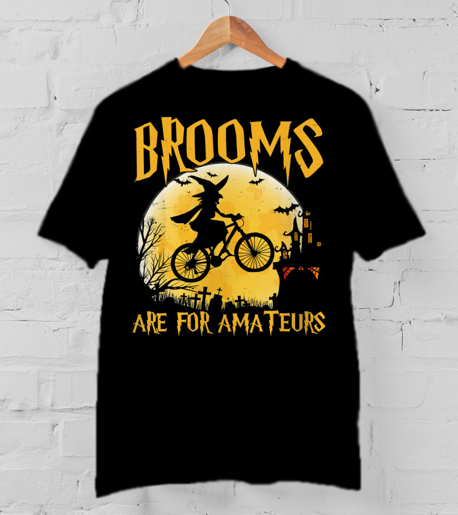 Brooms Are For Amateurs Witch Flying Bike Silhouette Halloween Moon Graveyard T-Shirt