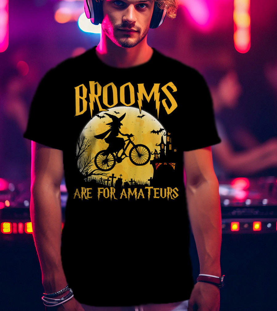 Brooms Are For Amateurs Witch Flying Bike Silhouette Halloween Moon Graveyard T-Shirt
