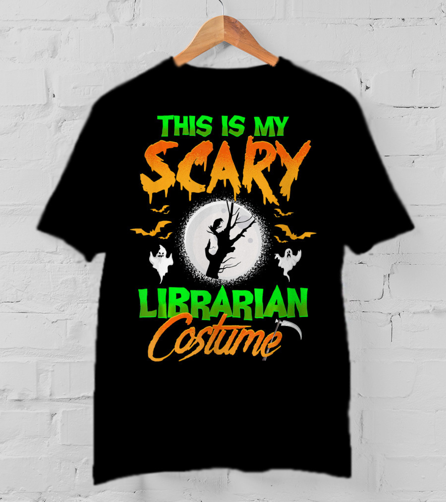 This Is My Scary Librarian Costume Ghosts Bats Moon Grim Reaper Scythe T-Shirt