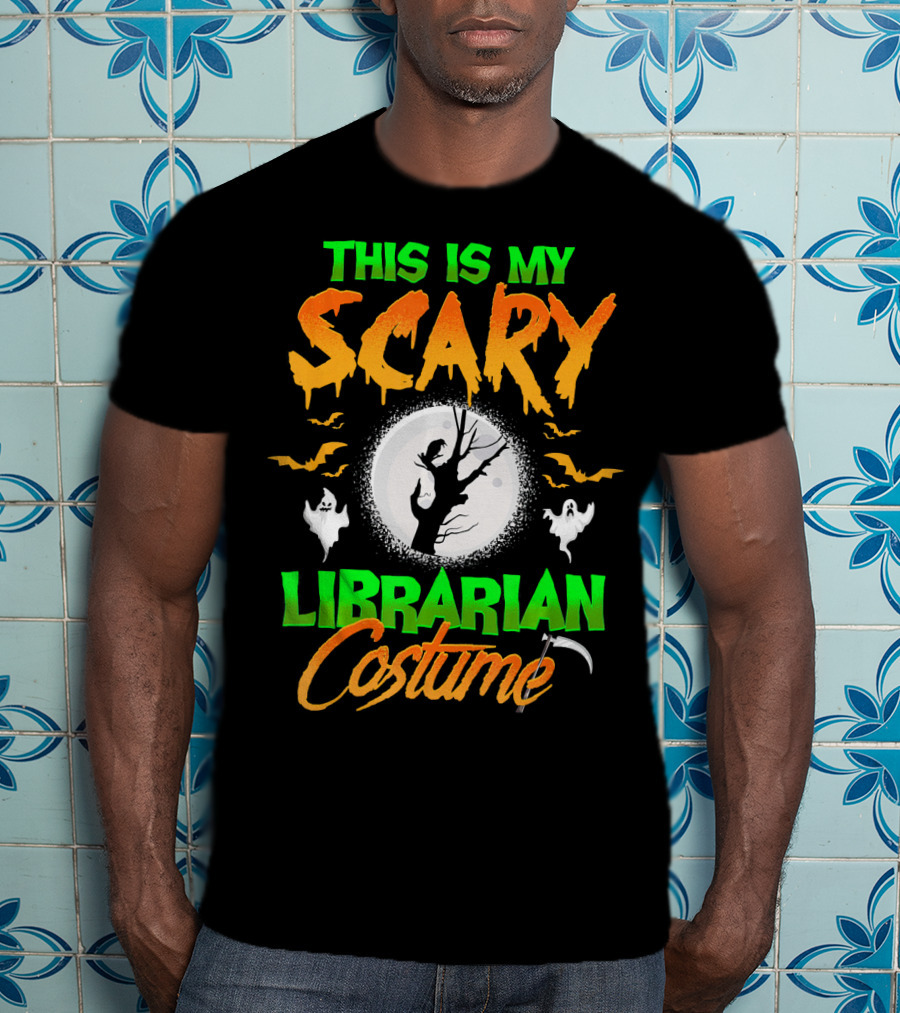 This Is My Scary Librarian Costume Ghosts Bats Moon Grim Reaper Scythe T-Shirt