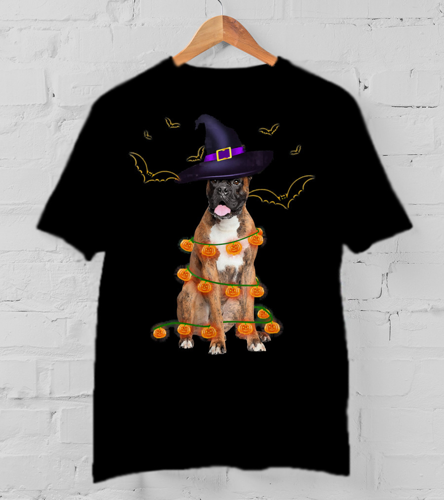 Halloween Boxer Dog Pumpkin Lights Witch Hat Fun T-Shirt