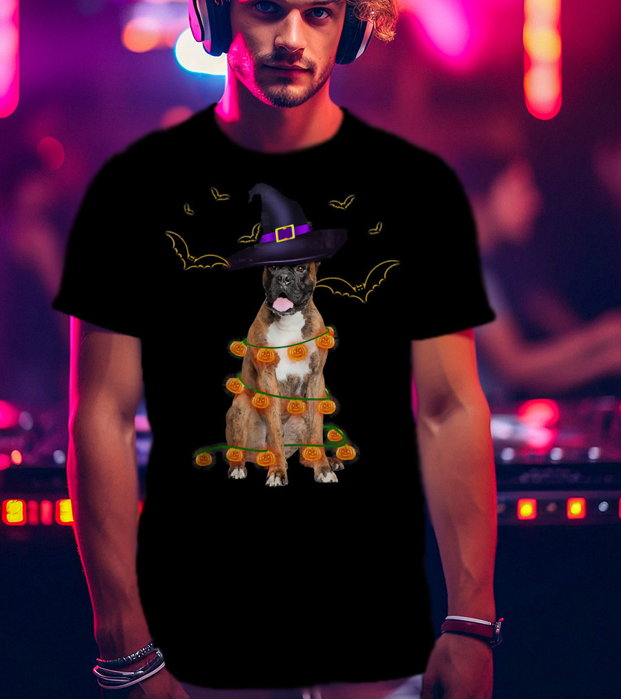 Halloween Boxer Dog Pumpkin Lights Witch Hat Fun T-Shirt