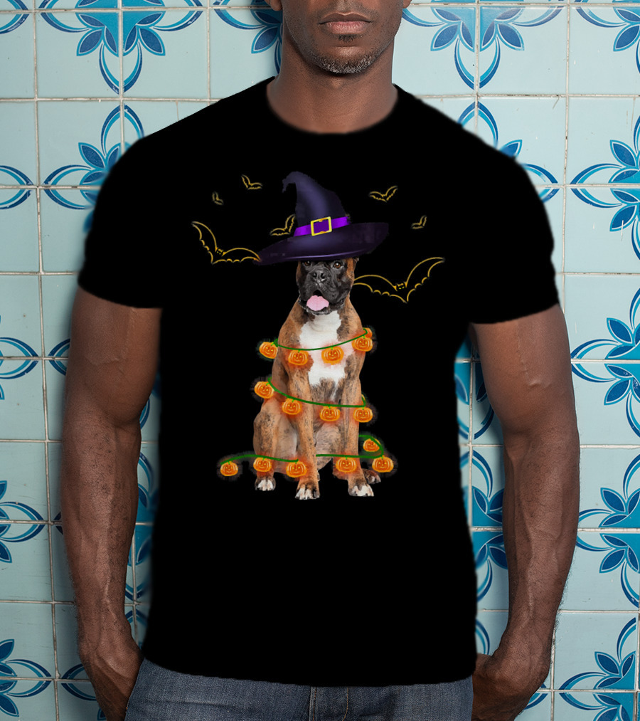Halloween Boxer Dog Pumpkin Lights Witch Hat Fun T-Shirt