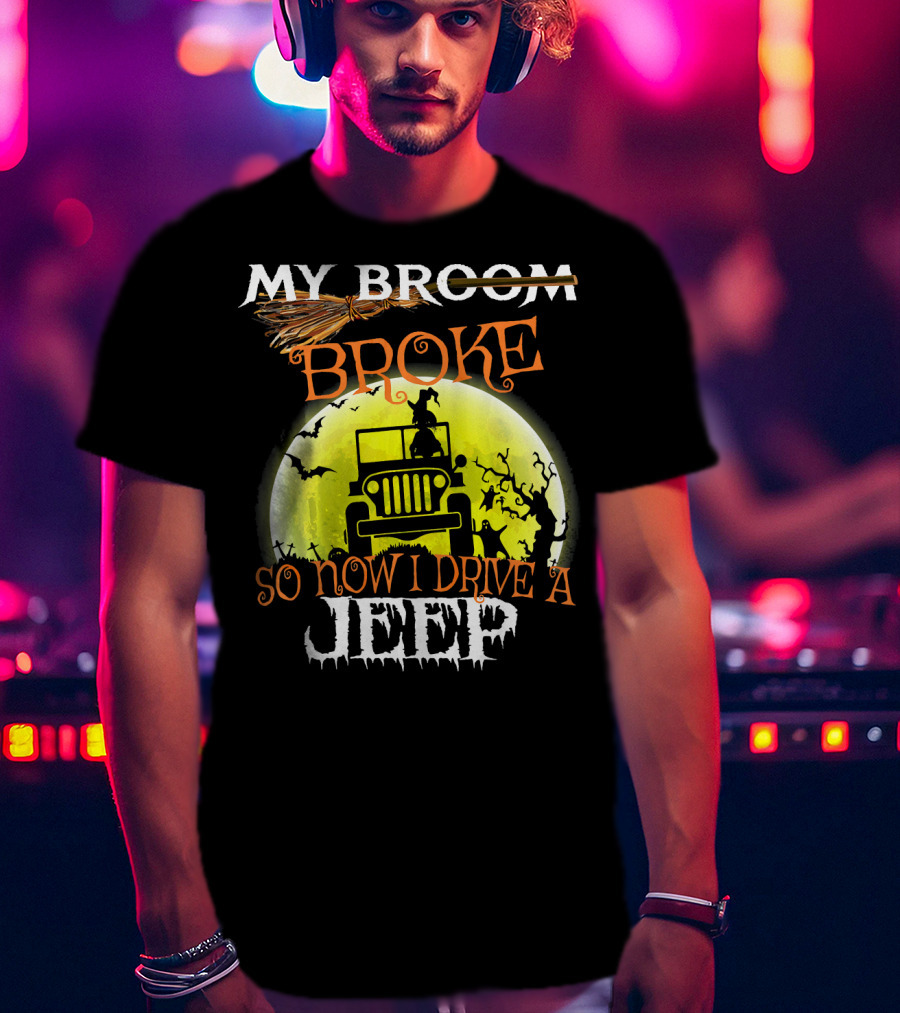 My Broom Broke So Now I Drive A Jeep Halloween Moon Bats T-Shirt