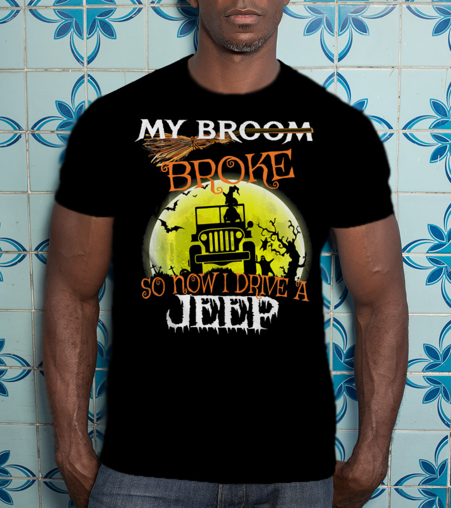 My Broom Broke So Now I Drive A Jeep Halloween Moon Bats T-Shirt