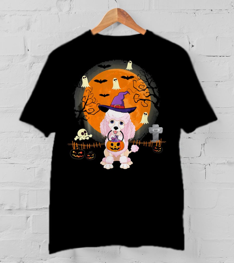 Poodle Dog Witch Halloween Pumpkin Ghosts Bats Graveyard Scene T-Shirt