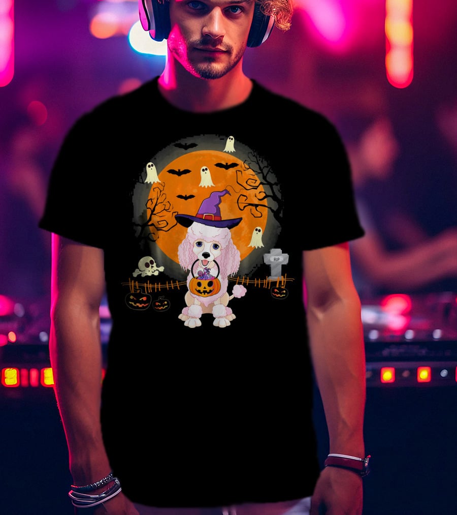 Poodle Dog Witch Halloween Pumpkin Ghosts Bats Graveyard Scene T-Shirt
