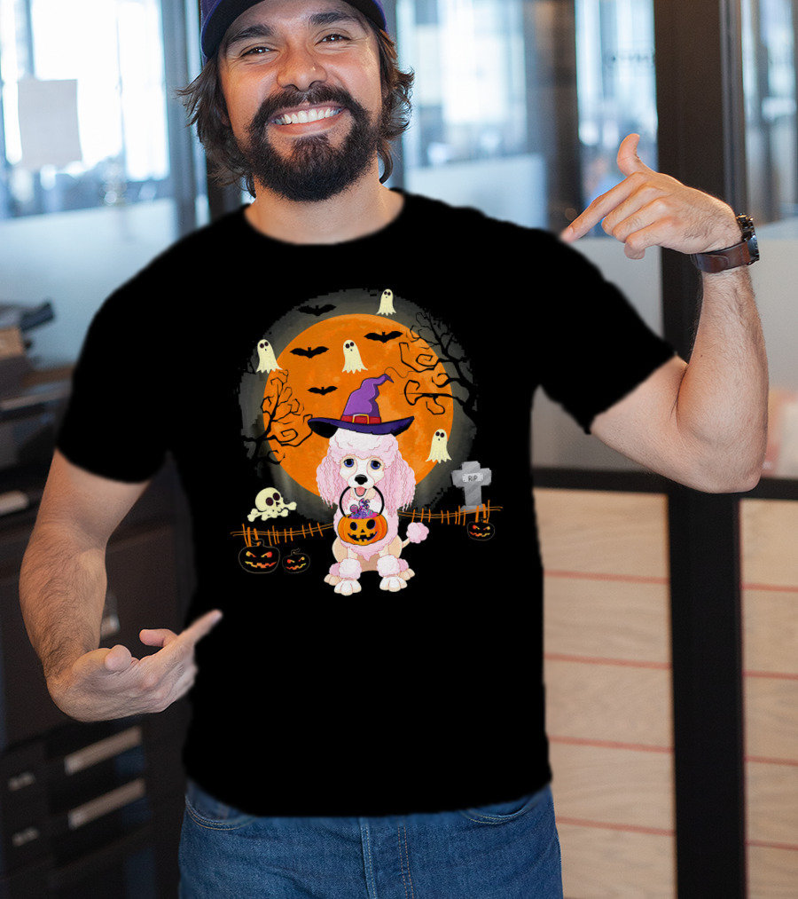 Poodle Dog Witch Halloween Pumpkin Ghosts Bats Graveyard Scene T-Shirt