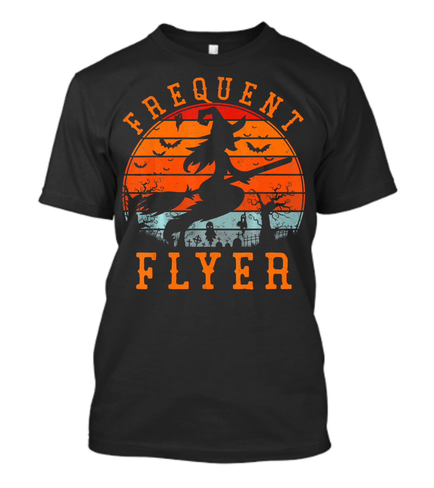 Frequent Flyer Witch Silhouette Halloween Bats And Graveyard Scene T-Shirt