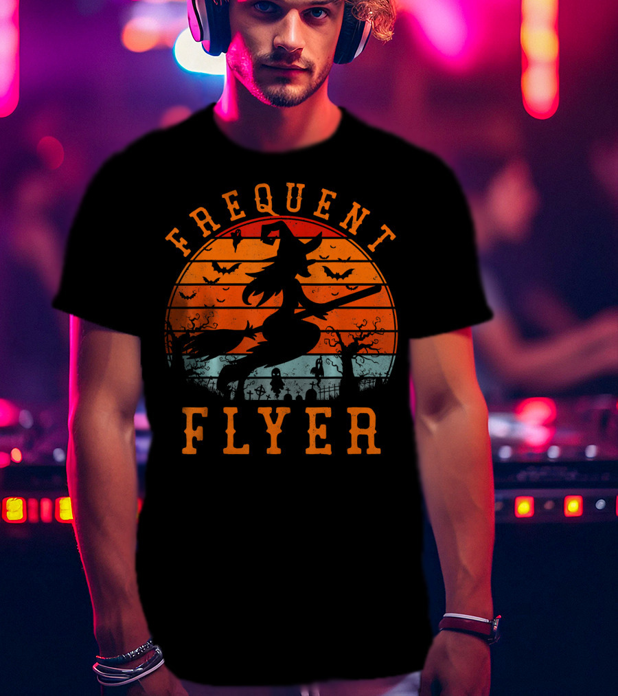 Frequent Flyer Witch Silhouette Halloween Bats And Graveyard Scene T-Shirt