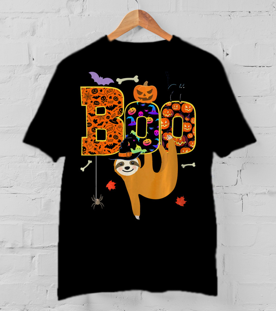 Boo Halloween Sloth With Witch Hat Pumpkins And Spider T-Shirt