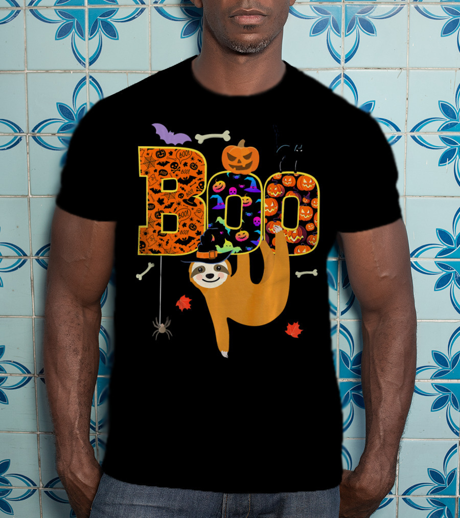 Boo Halloween Sloth With Witch Hat Pumpkins And Spider T-Shirt
