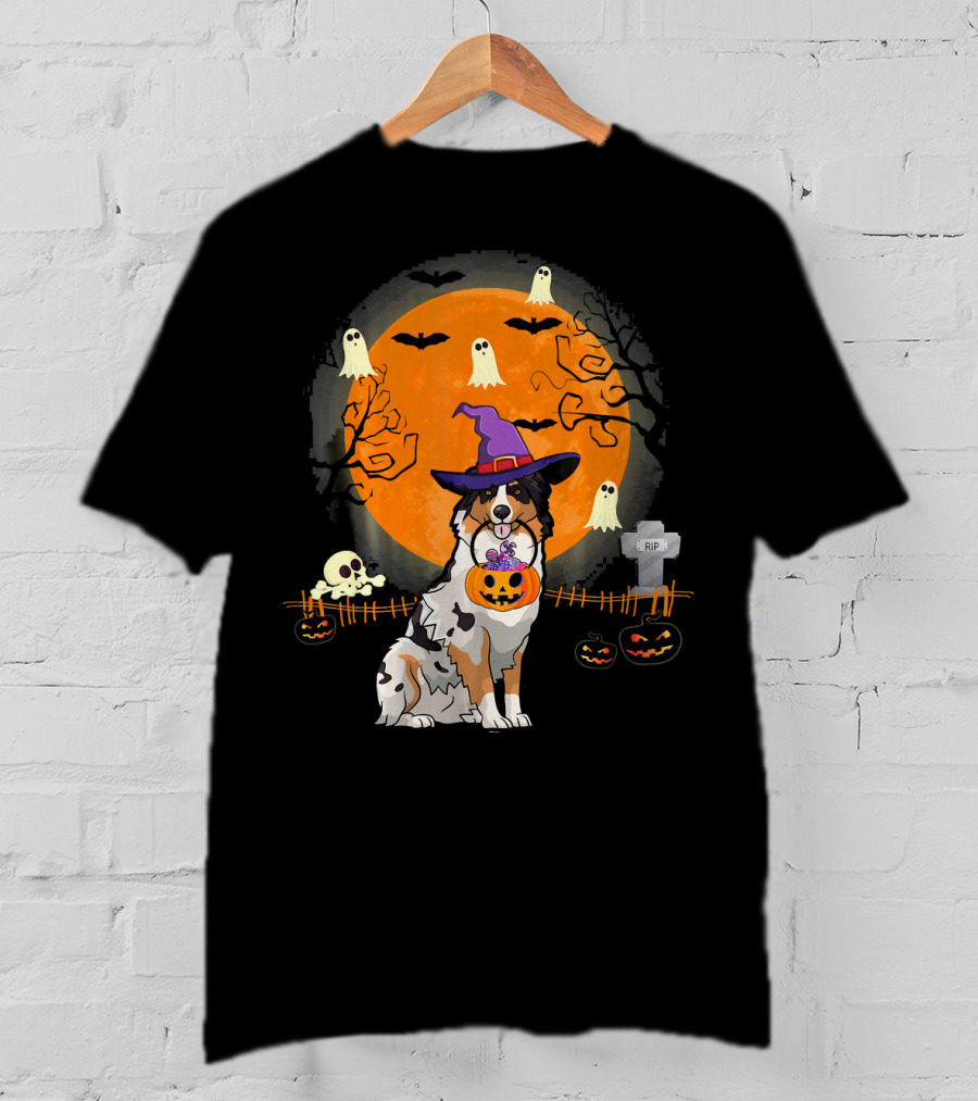 Australian Shepherd Dog Halloween Witch Pumpkin And Ghosts T-Shirt