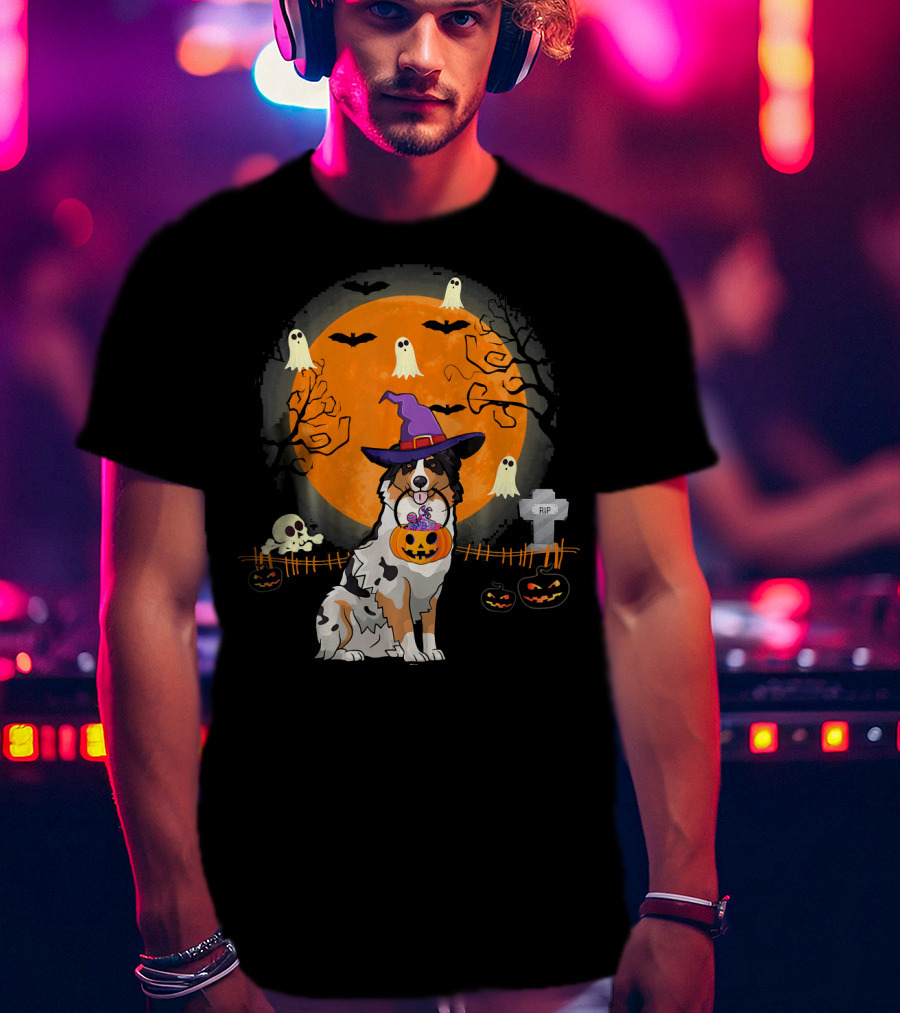 Australian Shepherd Dog Halloween Witch Pumpkin And Ghosts T-Shirt