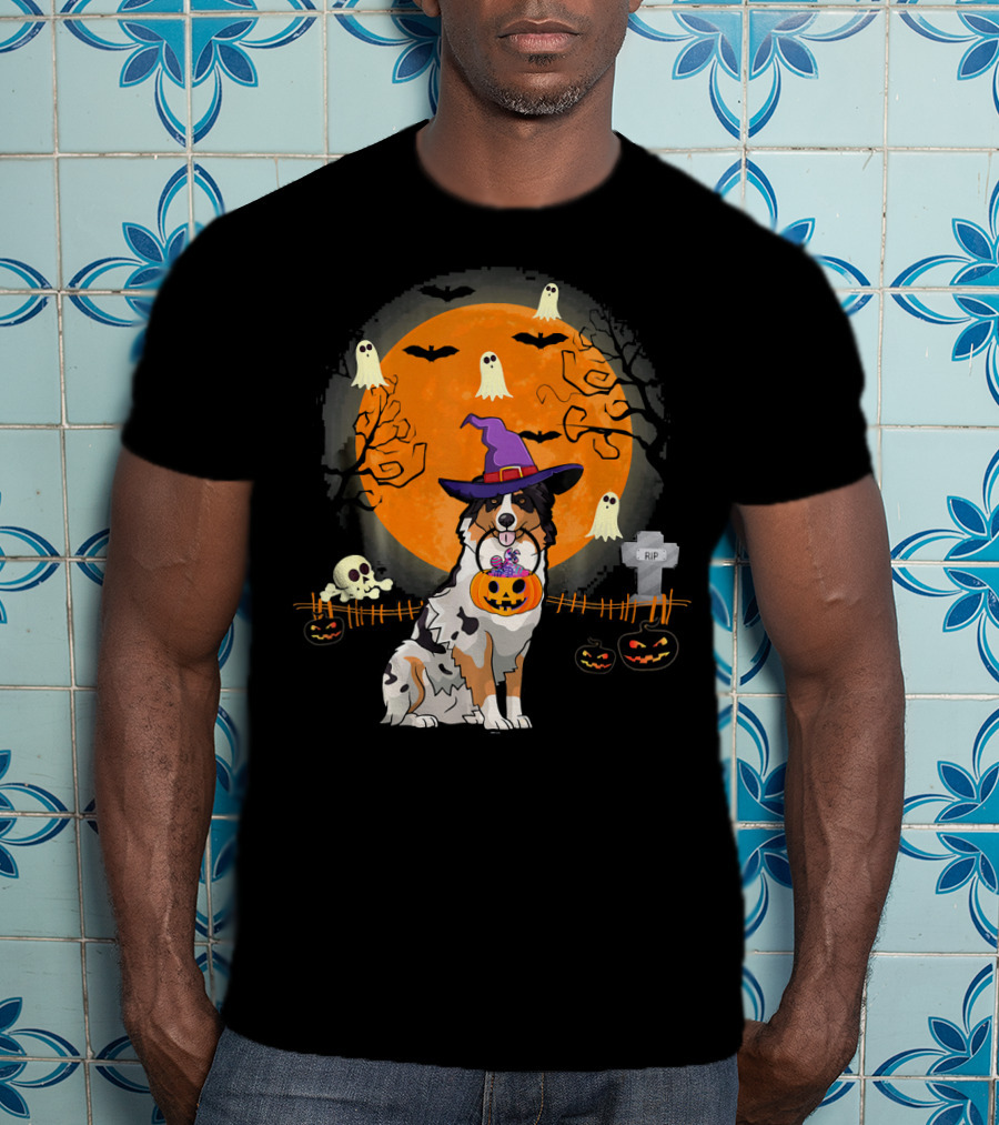 Australian Shepherd Dog Halloween Witch Pumpkin And Ghosts T-Shirt