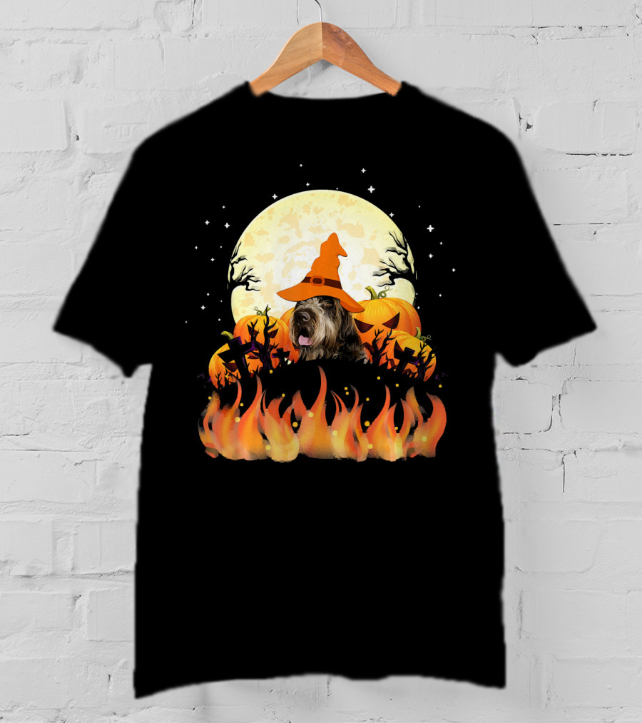 Wirehaired Pointing Griffon Dog Lovers Halloween Witch Hat Pumpkin Fire Moon T-Shirt