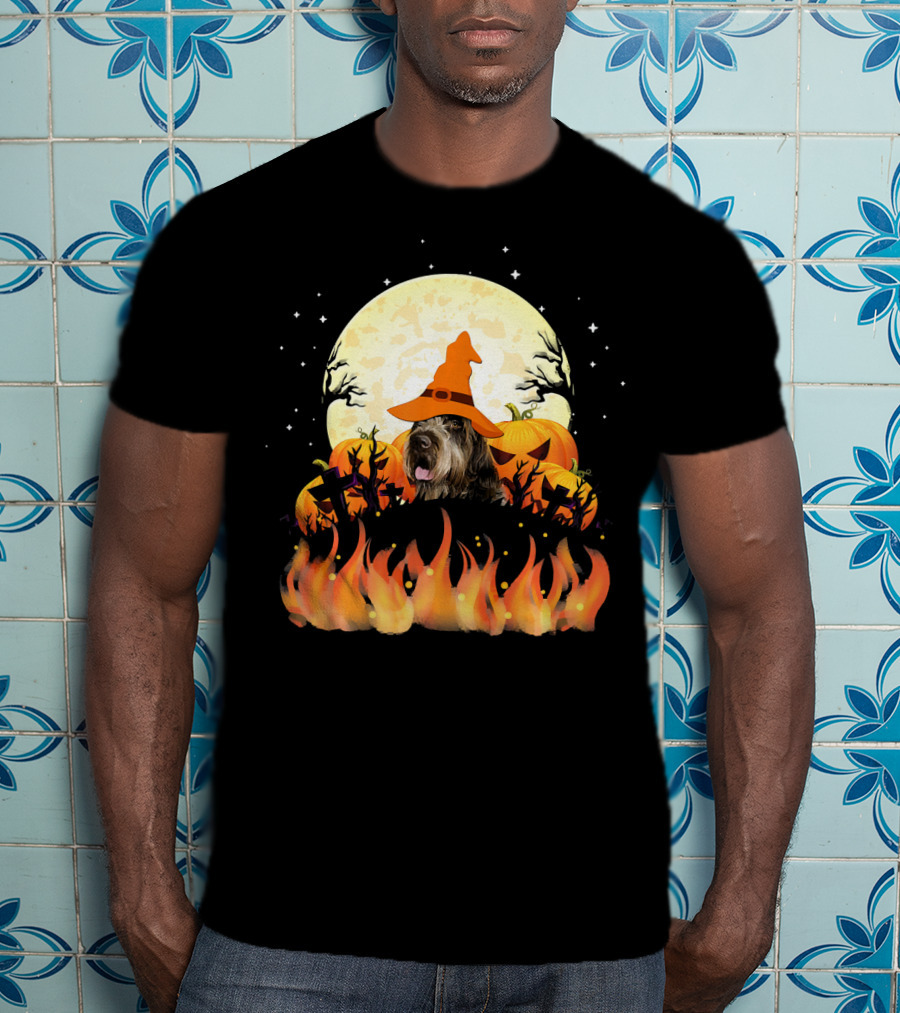 Wirehaired Pointing Griffon Dog Lovers Halloween Witch Hat Pumpkin Fire Moon T-Shirt