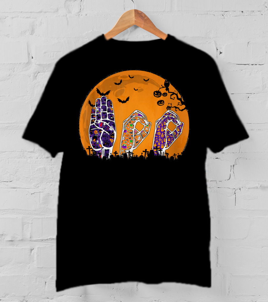Pride ASL Boo Halloween Sign Language Moon Bats Jack-O'-Lanterns T-Shirt