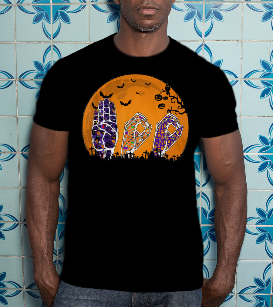 Pride ASL Boo Halloween Sign Language Moon Bats Jack-O'-Lanterns T-Shirt