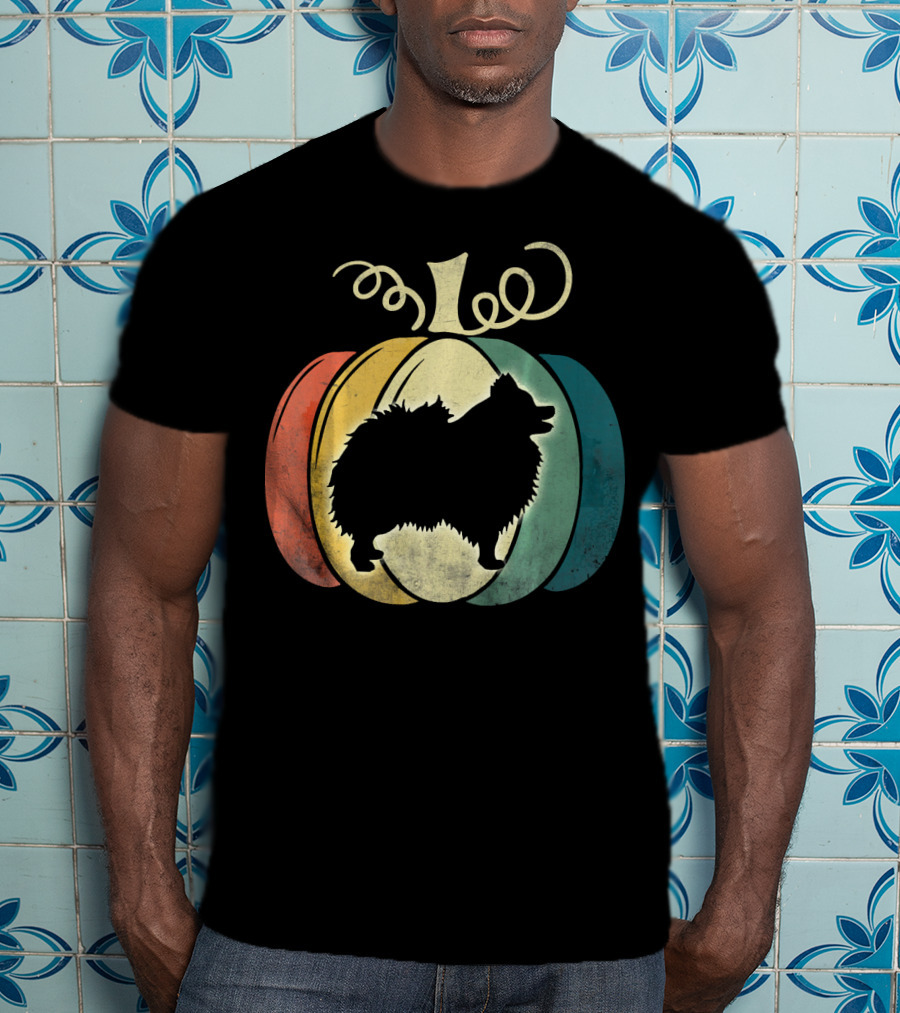 Pomeranian Dog Silhouette Vintage Pumpkin Halloween T-Shirt