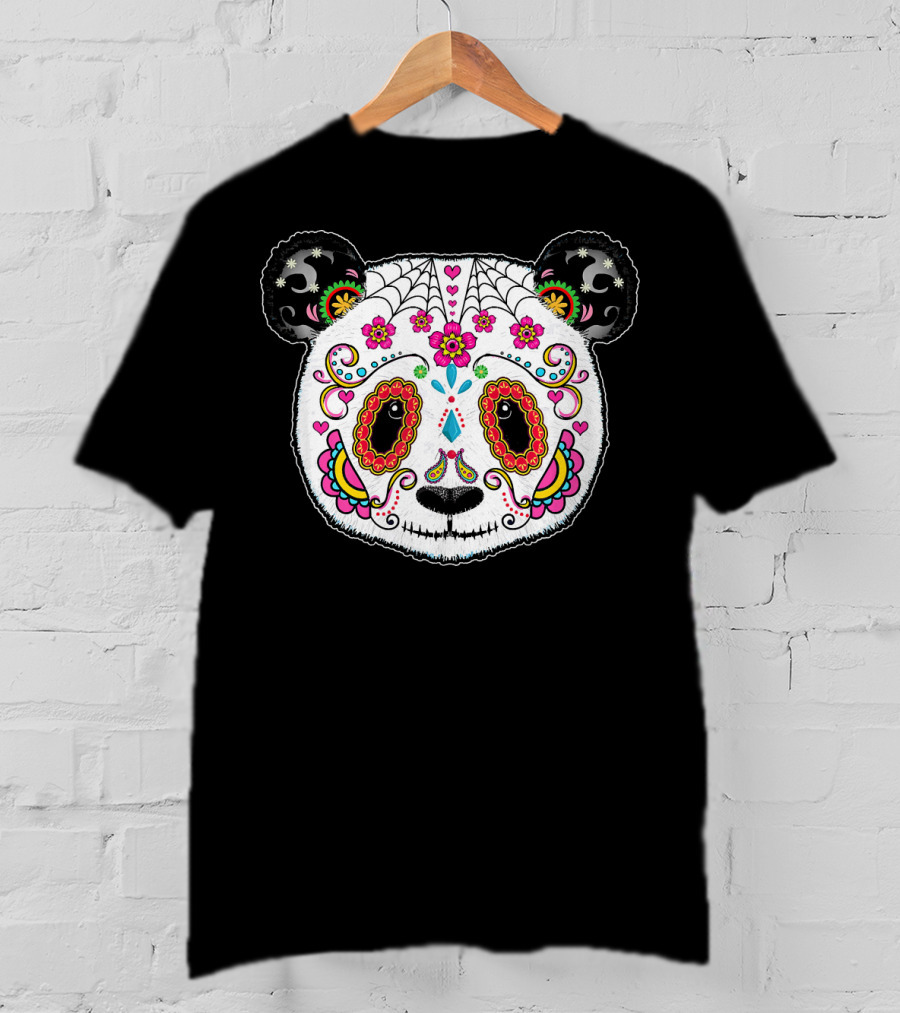 Sugar Skull Panda Day Of The Dead Colorful Floral Skulls T-Shirt