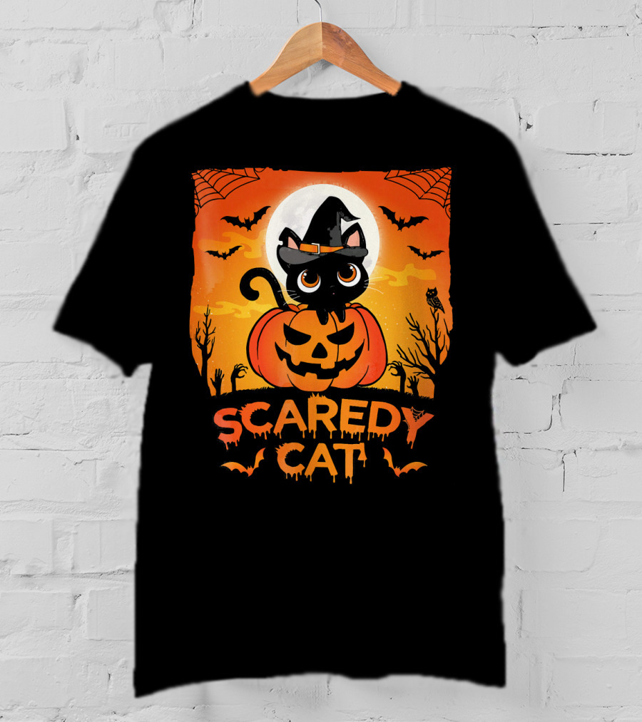 Scaredy Cat Halloween Kitten On Pumpkin With Witch Hat And Bats T-Shirt