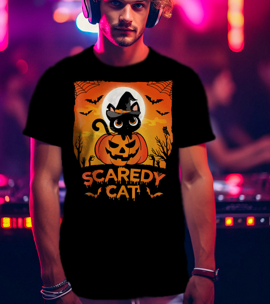 Scaredy Cat Halloween Kitten On Pumpkin With Witch Hat And Bats T-Shirt